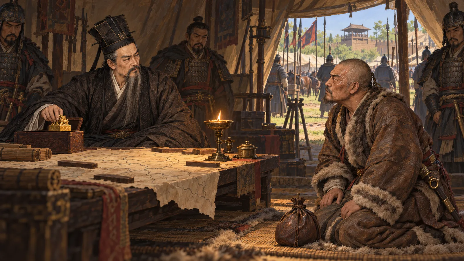 公元238年夏，辽水边的魏军大营。太尉司马懿征讨辽东公孙渊，鲜卑慕容部首领莫护跋带着燕使的人头和燕王给的金印前来投诚，跪