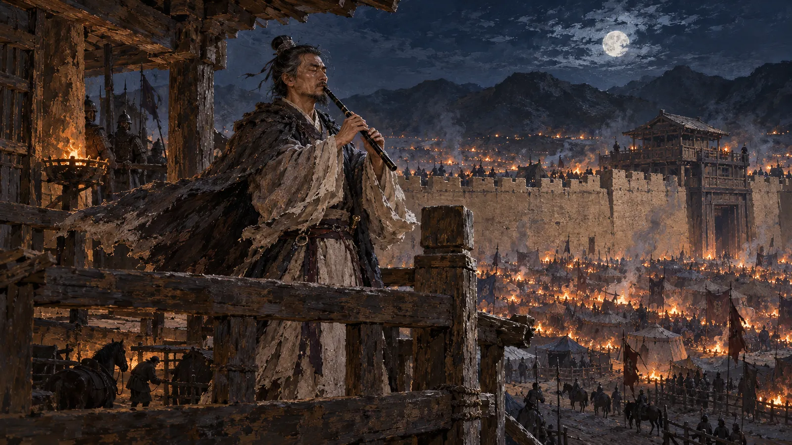 西晋永嘉年间，并州晋阳。刺史刘琨被胡骑围困，月夜登上城楼吹奏胡笳，围城的胡骑闻声思乡；这支曲子是州府马厩里的鲜卑马夫阿干