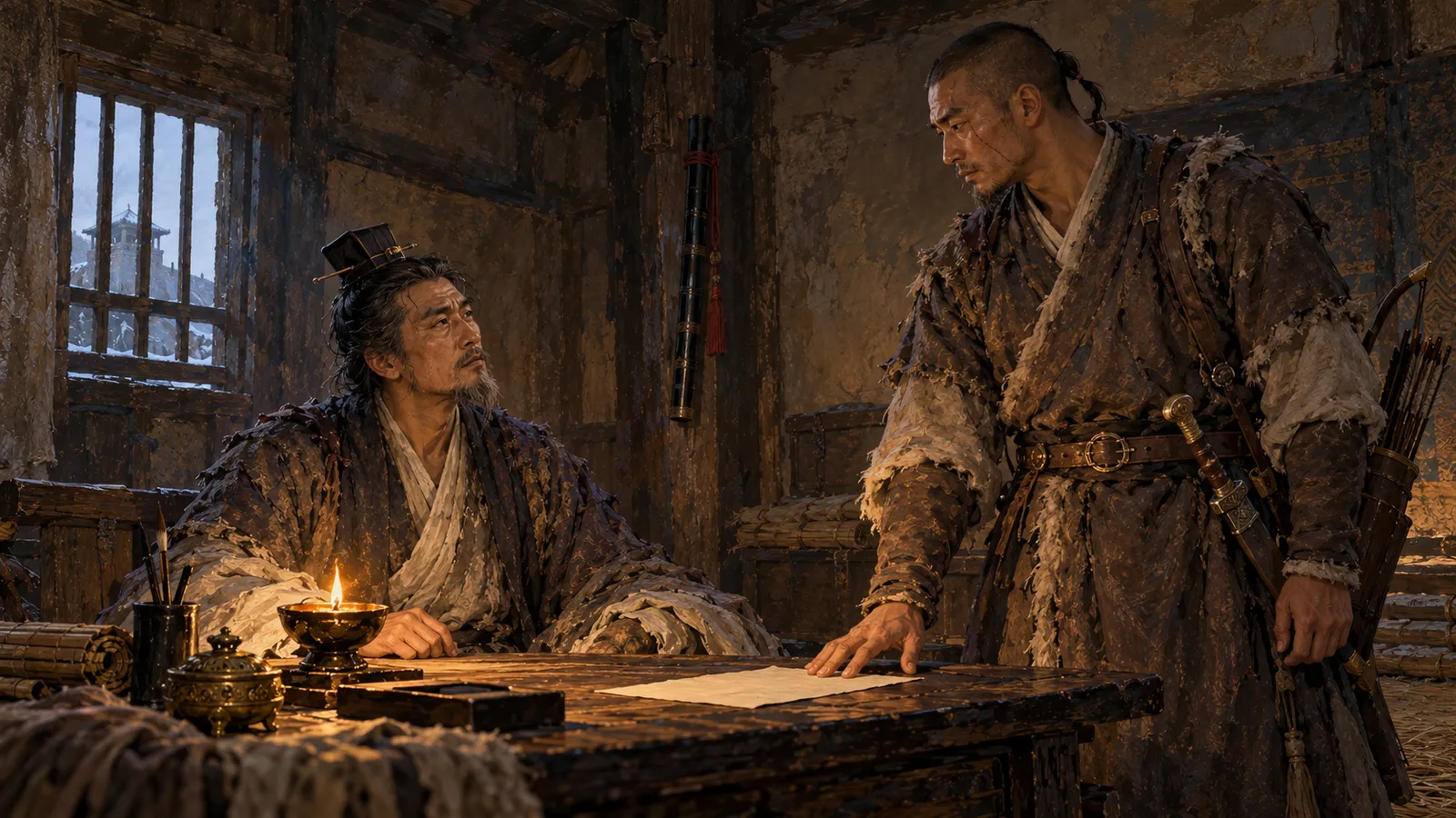 公元318年，幽州蓟城。失去并州的刘琨投奔段部首领段匹磾，两人歃血为盟；段匹磾截获一封招刘琨做内应的信，拿来放在他面前。