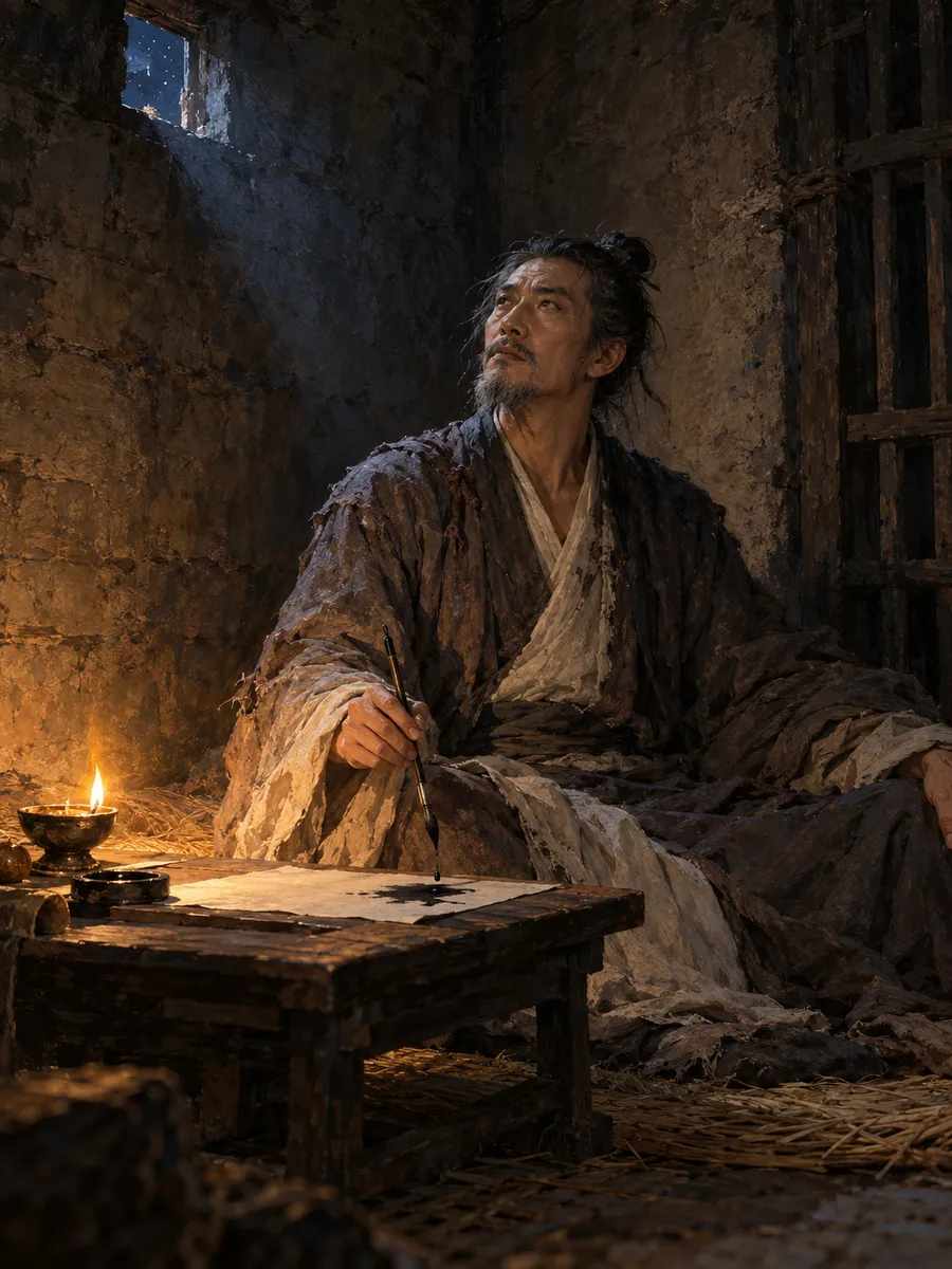 公元318年夏，幽州狱中。刘琨被盟友段匹磾囚禁，不久被缢杀，年四十八岁；临死前他要来笔墨，却一个字也没有写下。