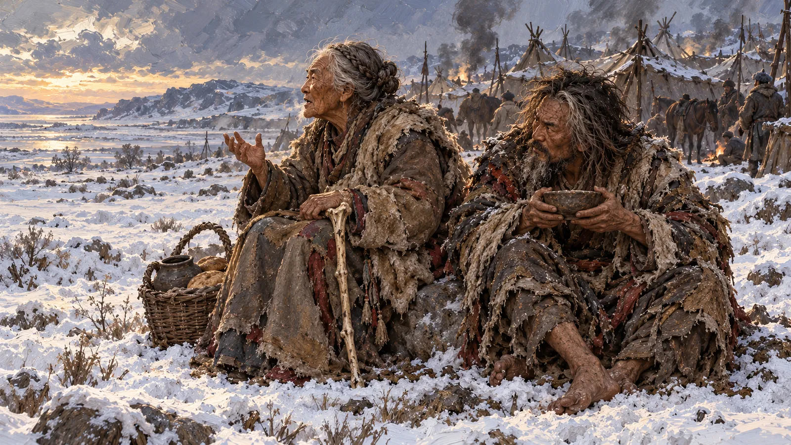 宇文部营地的雪地上。宇文女子素月的老乳母以为慕容翰真疯了，常来送饭，絮絮讲起宇文家压了八十多年的旧事——当年温叶是怎么死