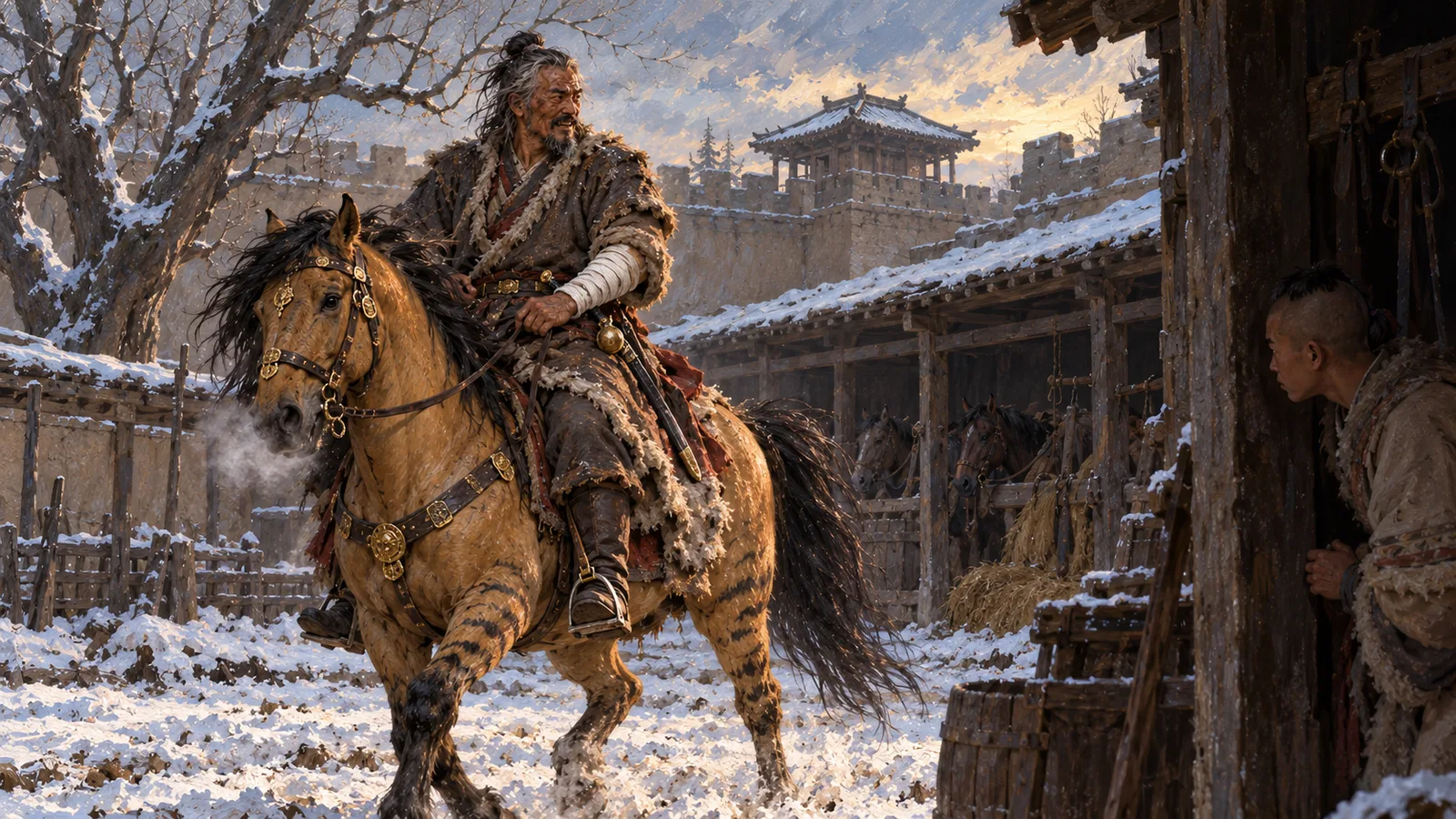 约公元345年，燕都龙城，慕容翰府中后院。慕容翰伤快好时在院里骑黄骠马试身手，被宇文降人出身的马夫告发"私习骑乘"，燕王
