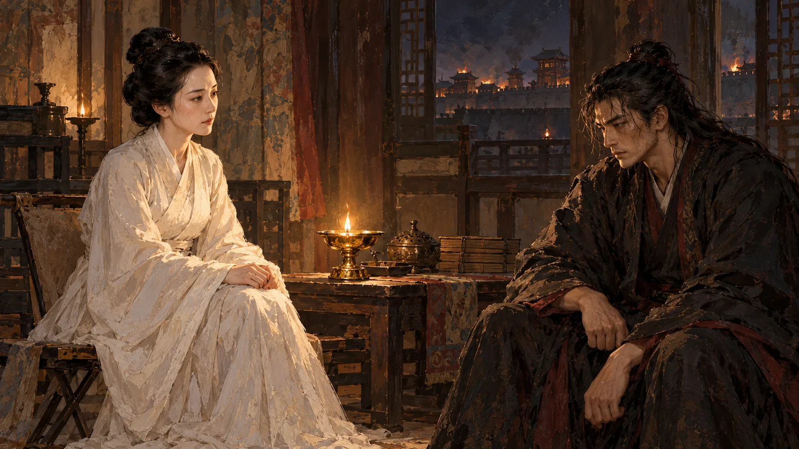 约公元350年，邺城。冉闵灭石氏后称帝，城内外仇杀不止；一天夜里，他的妻子董氏坐在灯下看着他，很久没有说话。