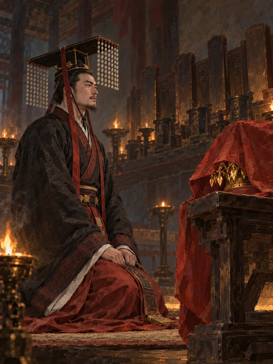 公元353年，蓟城太庙。慕容儁称帝后戴汉式冕旒，祖传的金步摇冠供在太庙、盖着红绸；遏陉山大旱，他独自来到太庙，跪了很久。