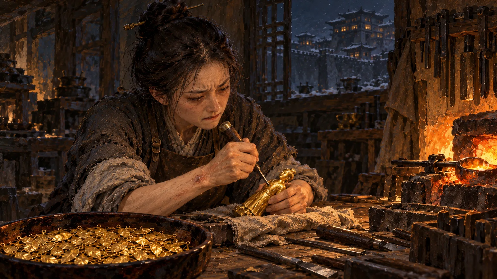 约公元358年,邺城的金作坊。宦官奉皇后之命,拿女儿的性命要挟女匠温钏,逼她打一个刻着皇帝名字的小金人,用来诬陷段氏行巫