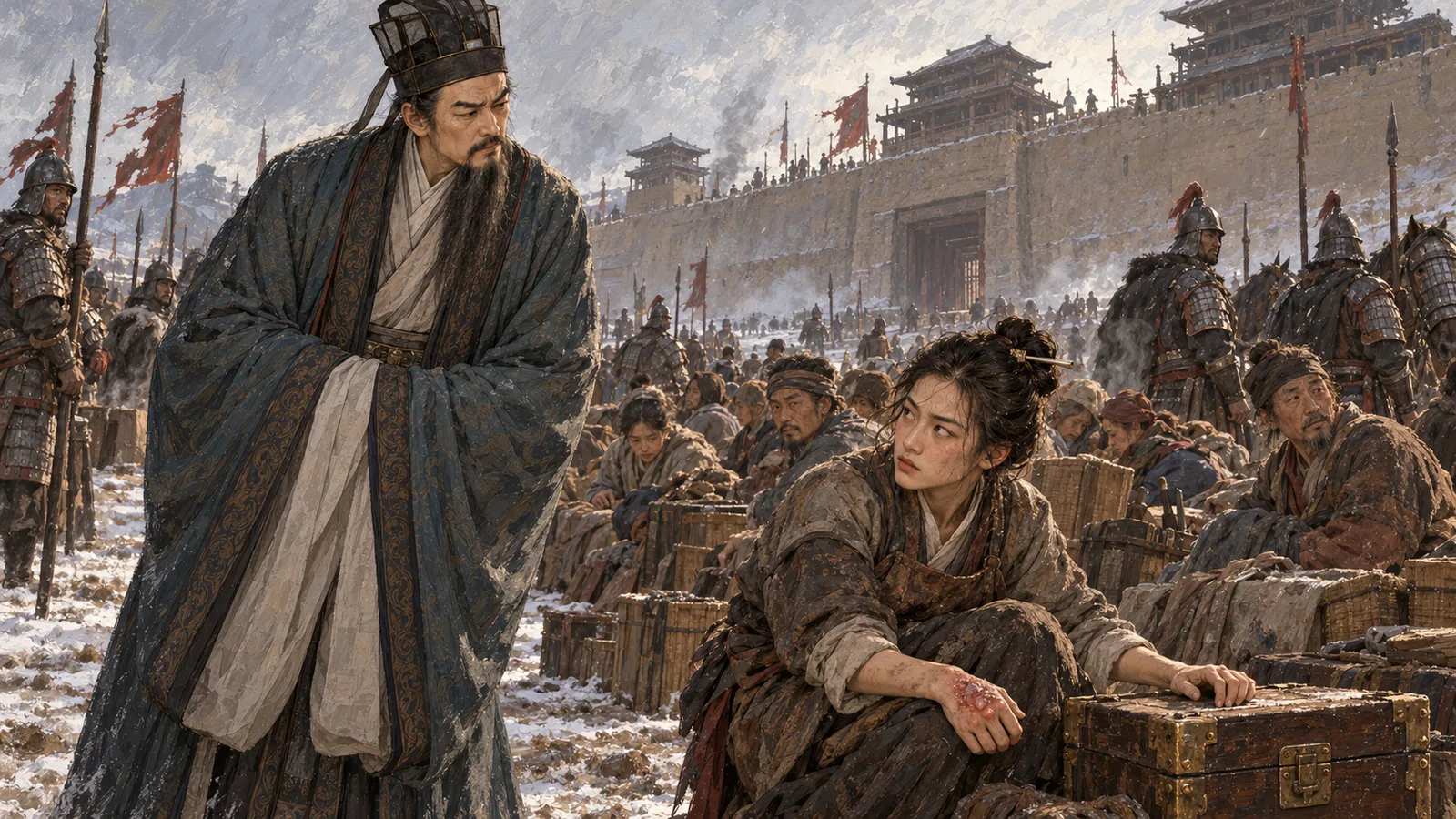 公元370年冬，邺城宫外。燕国工匠被编队迁往长安，王猛注意到金作坊女匠温钿手背上的新烫伤，和她紧紧按着的木匣。